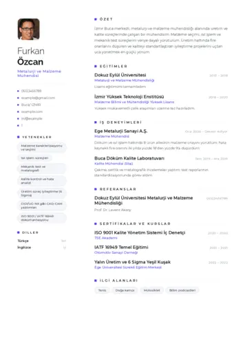 Metalürji Ve Malzeme Mühendisliği Cv Örnekleri cv indir